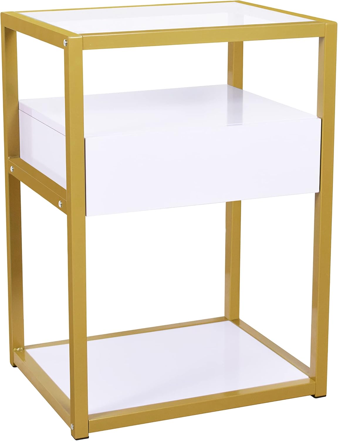 RAAMZO 3-tier Nightstand, Modern Side End Table with Drawer and Shelf, Tempered Glass Top, Bedside Table, Metal Frame in White and Gold Finish 27.5