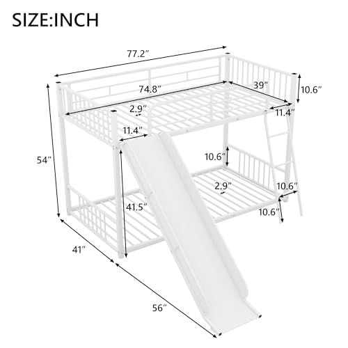 Metal Junior House Low Bunk Bed Twin Over Twin with Slide and Ladder, Montessori Floor Bunk Bed Frame with Full-Length Guardrail, Noise Free