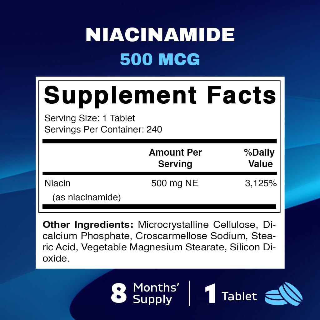 Vitamatic Niacinamide 500 mg 240 Tablets - Flush Free Vitamin B3 - Supports Energy Production