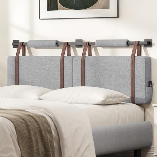 YITAHOME Wall-Mounted Twin Headboard Only, Linen Hanging Upholstered Headboard with Side Pockets, Industrial Pipe, Adjustable Height Leather Straps, for Bedroom Dorm Entryway, Grey & Brown