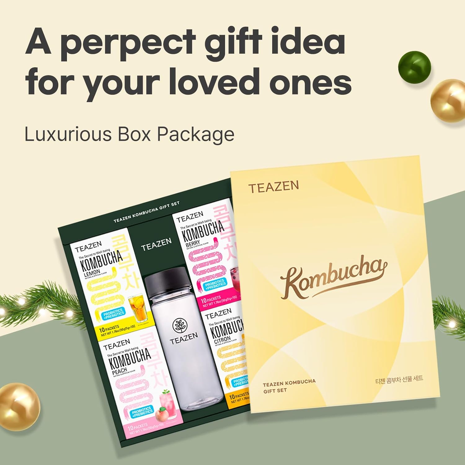 TEAZEN Kombucha Tea Gift Set, Variety Pack, Sugar Free, Sparkling Fermented Powdered Mix Beverage from Korea, Live Probiotics & Prebiotics, 40 Sticks, 7.05oz (Lemon, Berry, Citron, Peach)