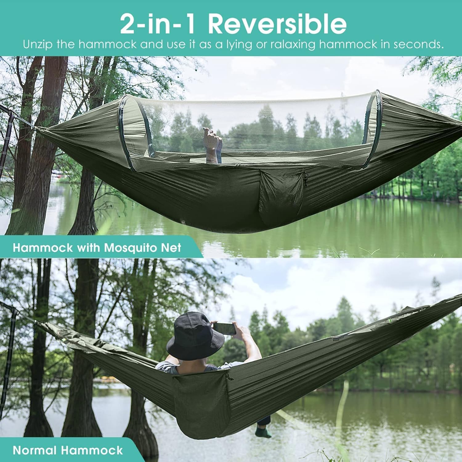 Large Camping Hammock with Mosquito Net 2 Person Pop-up Parachute Lightweight Hanging Hammocks Tree Straps Swing Hammock Bed for Outdoor Backpacking