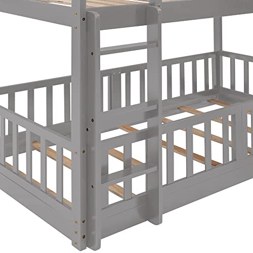 Twin Over Twin Bunk Bed with Slide and Ladder, Functional Playhouse Design Wood Bed Frame with Full-Length Guardrails, No Box Spring Required, 77.3