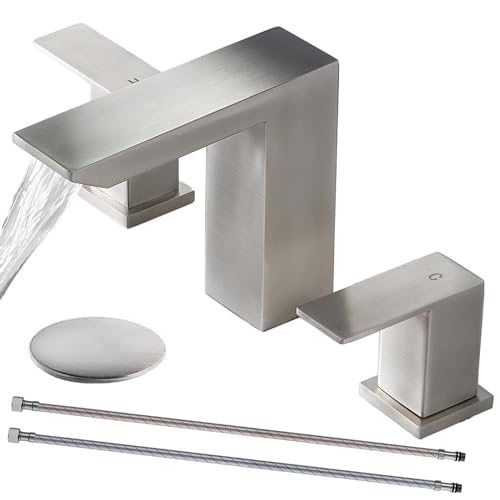 Widespread 3 Hole Brushed Nickel Bathroom Faucet,8 inch Modern Vanity Faucet for Bathroom Sink,Waterfall Bathroom Sink Faucet with Pop-up Drain and Supply Hoses