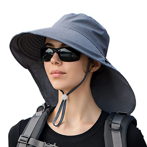 Women Sun Hats UV Protection Wide Brim Foldable Ponytail Hole Beach Hats with Neck Cover for Gardening