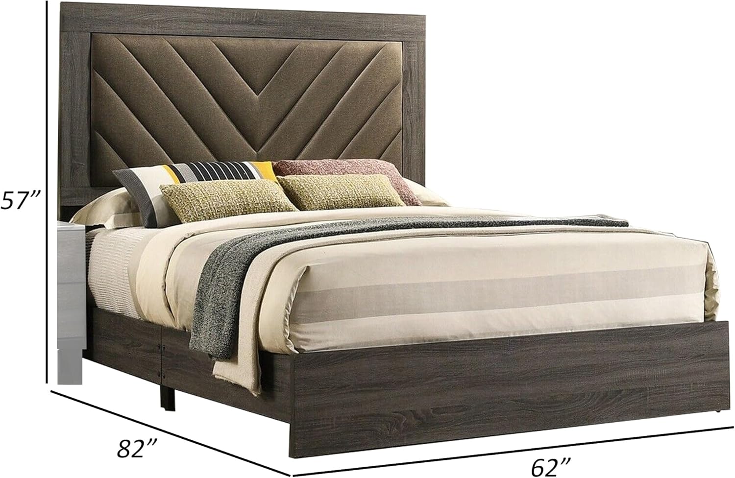 Benjara BM301356 Cato Upholstered Bed with Chevron Tufted Headboard Dark Gray & Brown - Queen Size