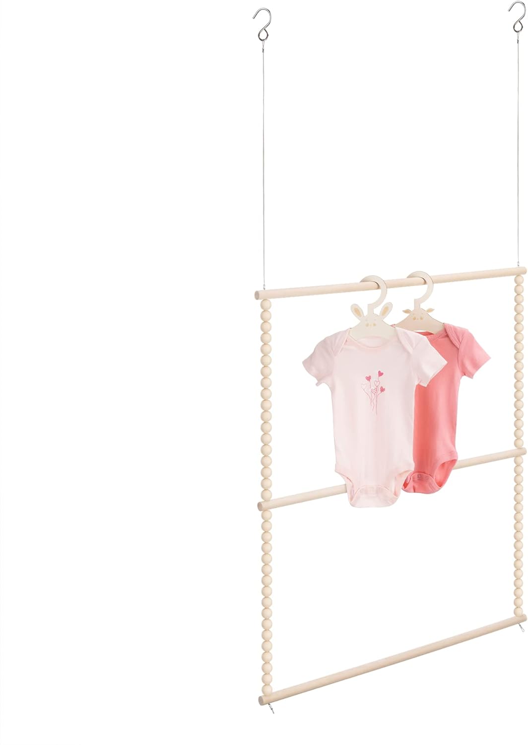Navaris Baby Hanging Clothes Rack - Beaded Clothing Organizer for Nursery, Kids Room, Bedroom - Wood Bead 30