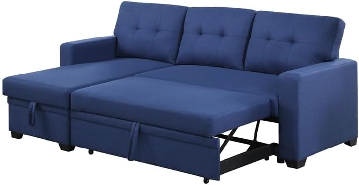 Devion Furniture Polyester Fabric Reversible Sleeper Sectional Sofa-Blue