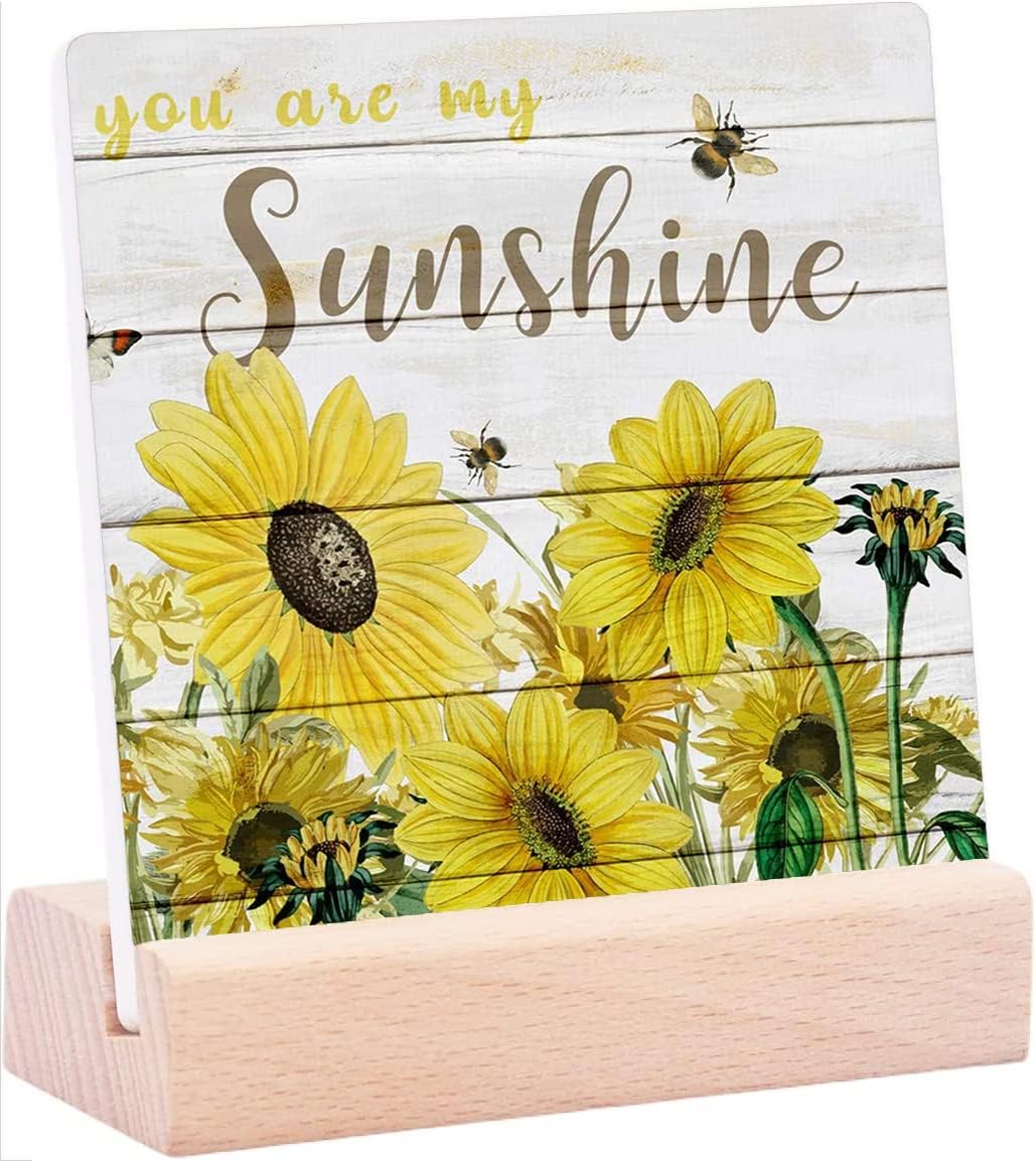 Ceramic Table Plaque with Wooden Stand Desk Decorations- Sunflower You are My Sunshine Blooming Abstract Floral Bee Tabletop Sign Desk Decorations for Home Office Bedroom Family Decor