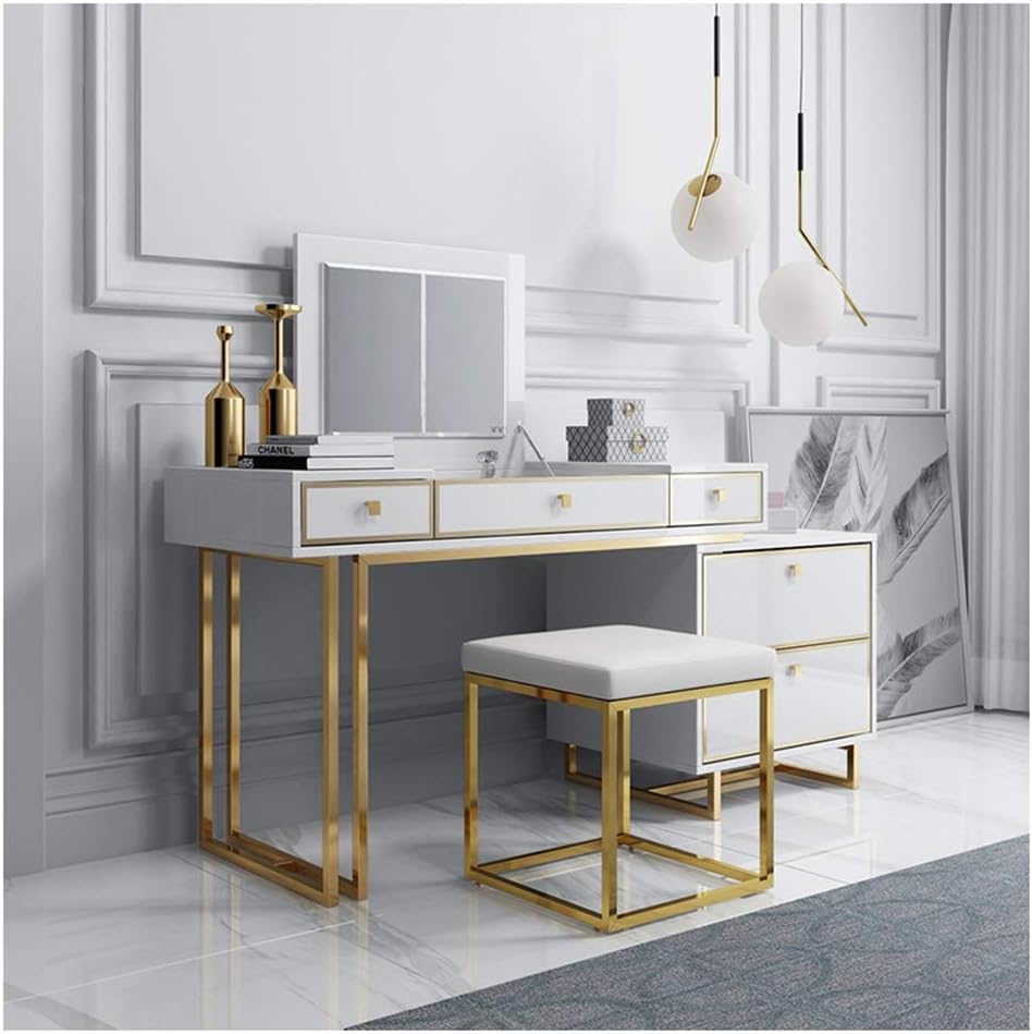 Vanity Table Set Wooden Make Up Table,Large Sliding Drawers Makeup Dressing Table with Cushioned Stool