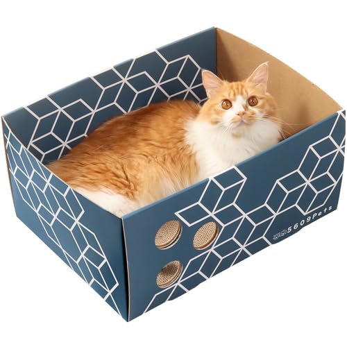 Extra Large Cardboard Cat Scratcher Box, Fun & Cute Cat Scratching Bed for Indoor Cats, Sturdy Scratch Box w/Catnip, 17