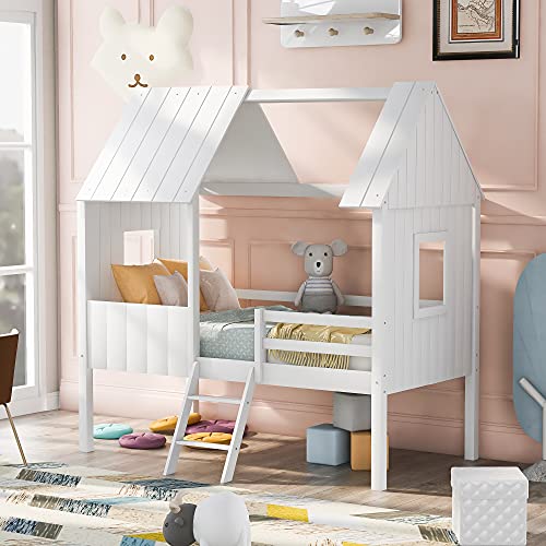 Wood House Bed, Low Loft Bed Twin Size with Roof and Two Side Windows, House Shaped Loft Bed with Ladder for Kids, Teens, Girl or Boys, No Box Spring Needed (Normal White+Normal White)