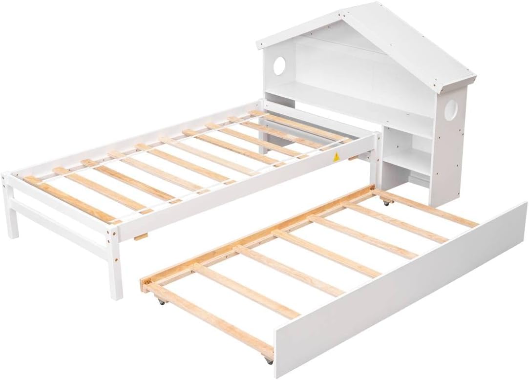 Twin Storage House Bed for Kids with Bedside Table Trundle White