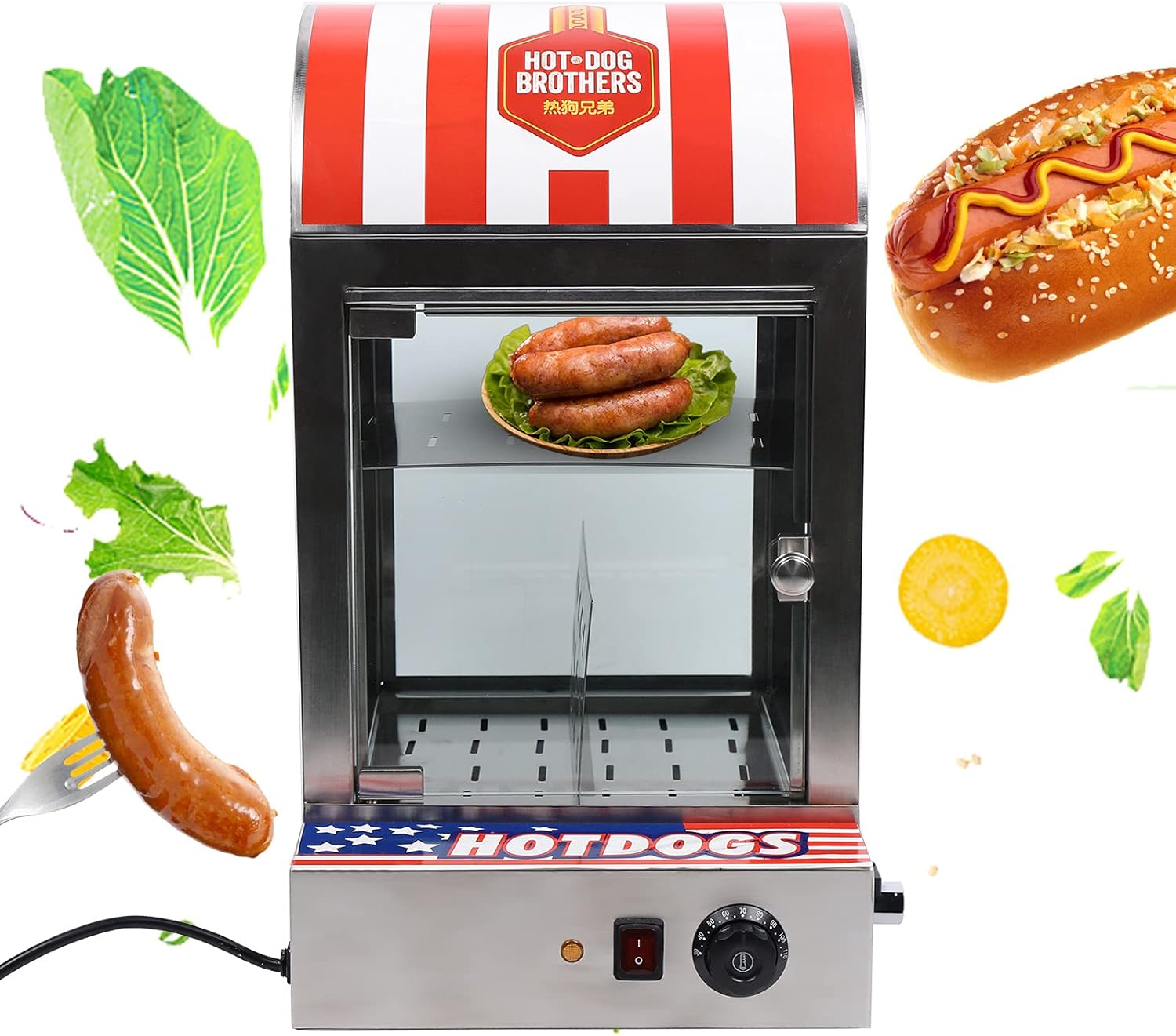 Hot Dog Steamer Machine, 110V 1500W 30-110℃/86-230℉ 2-Tier Commercial Top Load Hot Dog Hut Steamer, Stainless Steel Electric Bun Bread Sausage Warmer with Glass Windows and Partition Plate Shelves