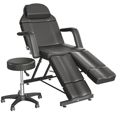 Tattoo Chair for Clients with Split Legs Adjustable Facial Bed for Esthetician with Stool Multipurpose Comfortable Professional Massage Spa Bed Rolling Chair Set Hold Up to 440lbs, Black