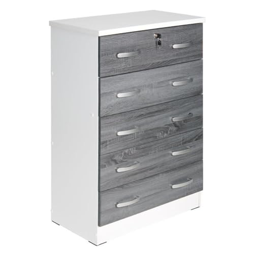 Pemberly Row Modern 5 Drawer Wooden Bedroom Dresser with Lock in White/Gray