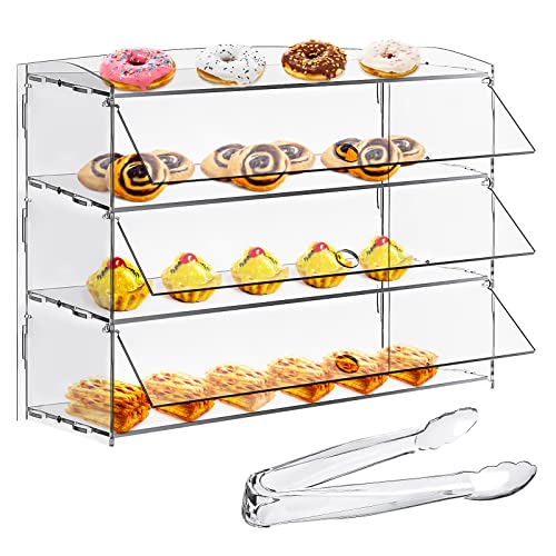 3 Tray Pastry Display Case Acrylic Bakery Display Cabinet Clear Removable Donut Display Shelf Cupcake Display Case Retail Display Counter with Cake Serving Tong (Peel off The Fuzzy Protective Film)