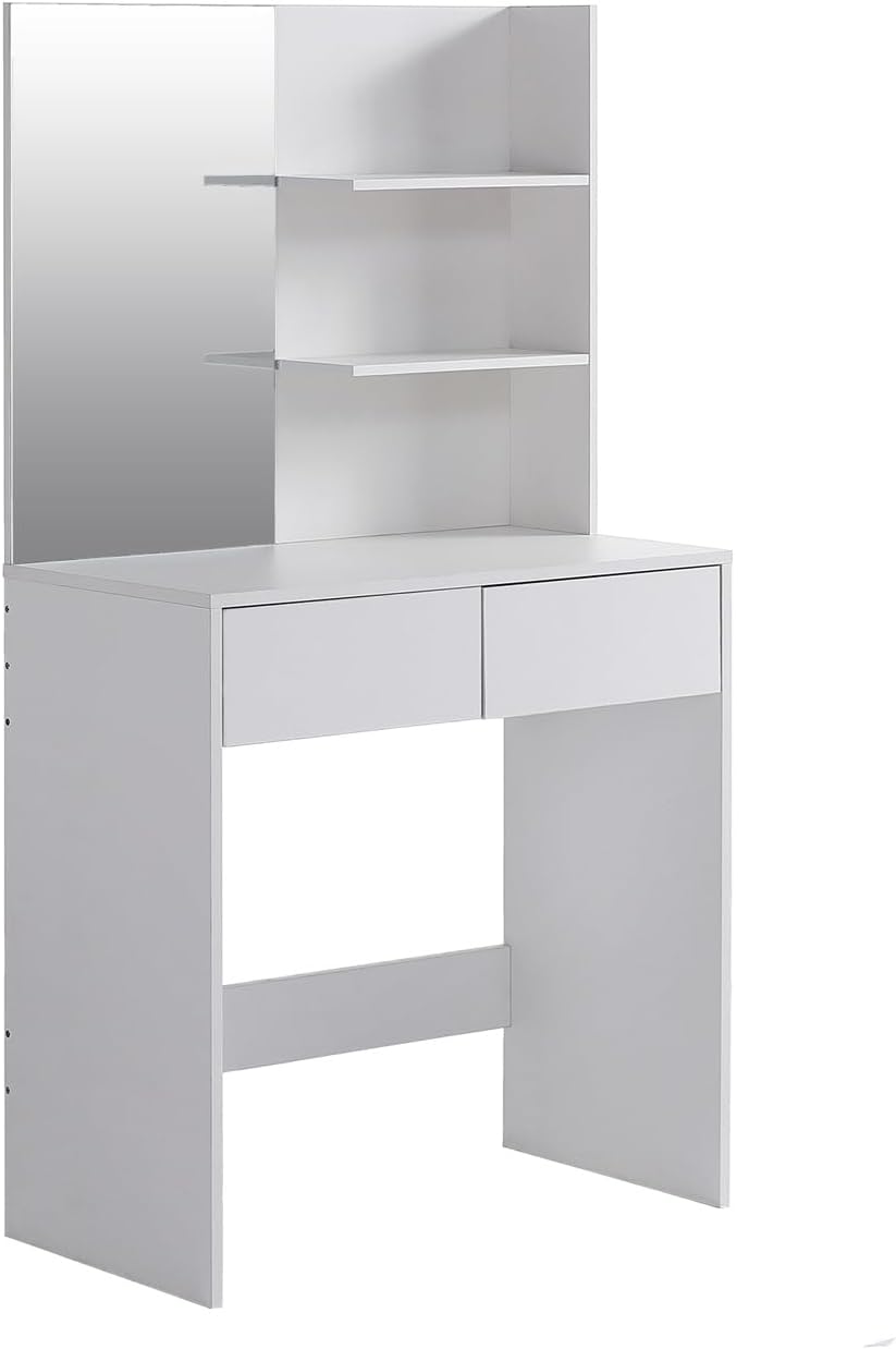 Vanity Desk with Mirror,Makeup Vanity with Lights,Dressing Table Set with 2 Large Drawers,White Vanity Set,Modern Dressing Table with Storage Shelf for Bedroom,White