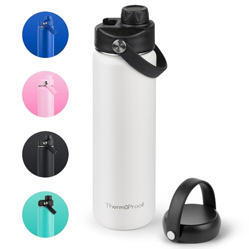 ThermoProof Hot & Cold Insulated Stainless Steel Water Bottle, Durable Leak Proof Gym Bottles for Men, Women & Kids, Double Walled Vacuum Bottles - 2 Lids (Blue, 22oz)