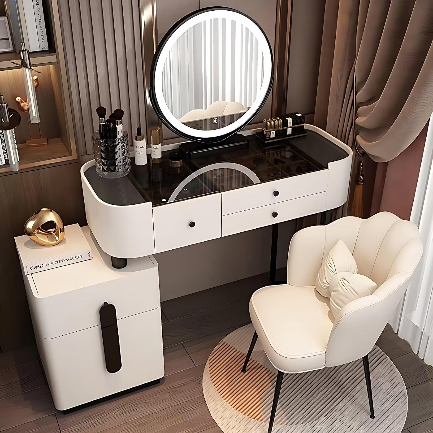 Makeup Vanity - White Vanity Desk with 5 Drawers and Tempered Glass Tabletop, Luxury Bedroom Dressing Table with Mirror and LED Lights & Makeup Chair, Suitable for Her (47'')