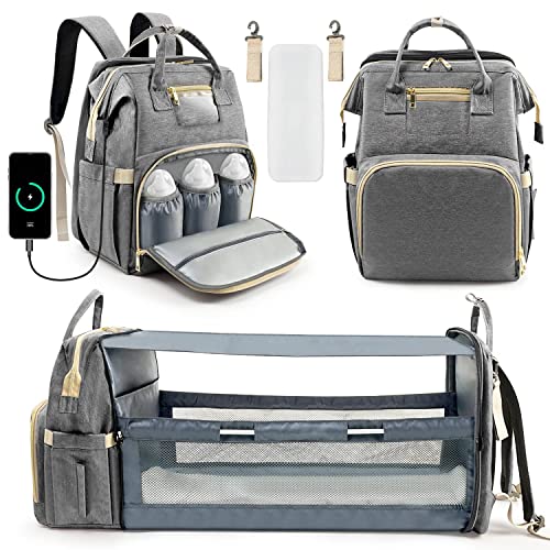 Unisex Diaper Bag Backpack, Grey, Large Capacity, Waterproof, Padded Shoulder Straps, Reinforced Zippers, 5 Pockets with Insulated Function, Suitable for 0-24 Months