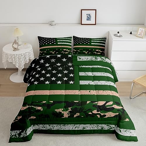 Vintage American Flag Bedding Military Camouflage Queen Comforter Sets Army Old Fashion Trend Retro Camo Style Bedding Comforter Sets, Geometry Stars Stripes Quilt with 2 Pillowcases - Grey