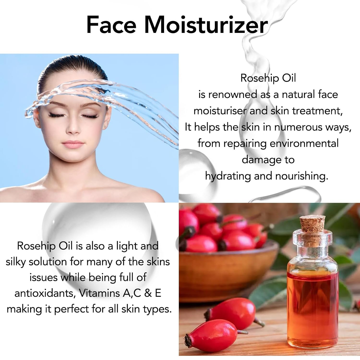 Rosehip Oil for Face and Skin, 2Fl oz Organic Rosehip Essential Oil，Rose Hip Seed Oil Moisturizer Face, Hair, Nails and Body