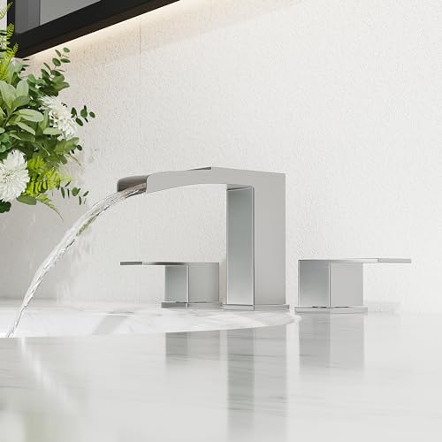Pheistina 8-Inch Widespread Brushed Nickel 3 Holes 2 Handles Waterfall Bathroom Sink Faucet, with Metal Pop Up Drain Assembly & Cupc Water Supply Lines, NS-WF002-1-BN