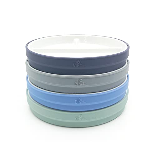 Elk and Friends Kids 6.7” Porcelain White Plates with Silicone Sleeves | Divided Plates | Suitable for Kids/Toddlers | Microwave & Dishwasher Safe | Non Slip | Snack Dishes…