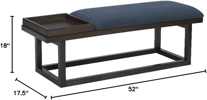 Linon Nate Wood Navy Upholstered Bench with Removable Storage Tray in Dark Brown