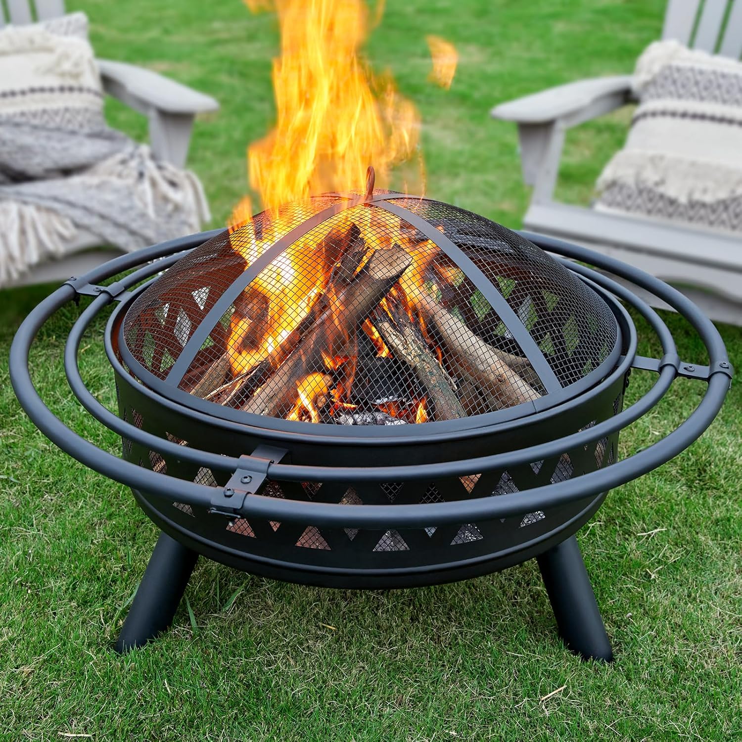 35 Inch Fire Pit with 2 Loops, Outdoor Wood Burning Fire Pit Crossweave with Spark Screen Fire Poker, Backyard Patio Camping Beach Bonfire Pit, Black