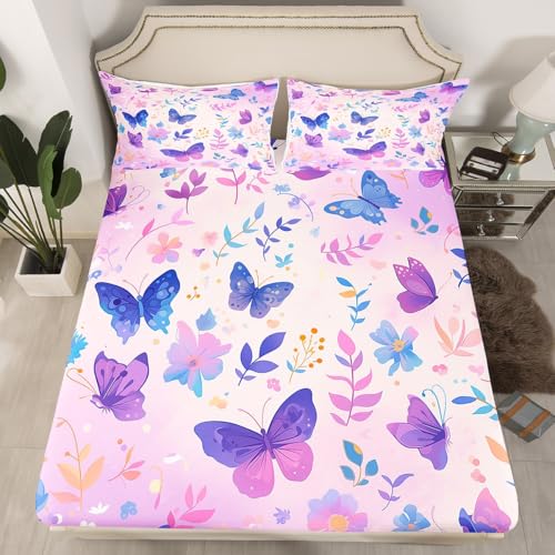 Erosebridal Chic Butterfly Queen Fitted Sheet for Girls Women Gold Wildlife Bedding, Groovy Party Old Fashion Bed Sheets Mandala Floral Bed Cover, Ethnic Tribal Pattern Bed Set (Deep Pocket)
