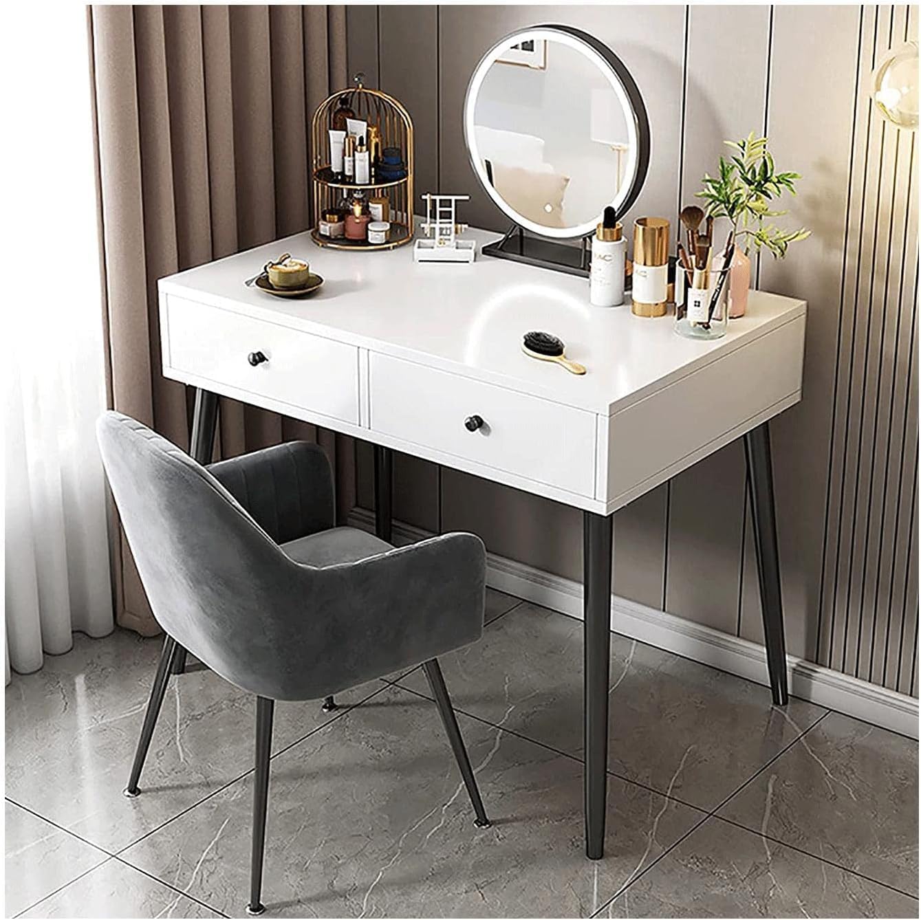 Vanity Desk Touch Screen Dimming Mirror Vanity Set 2 Drawers Dresser with Back Makeup Chair Writing Desk Home Dressing Table
