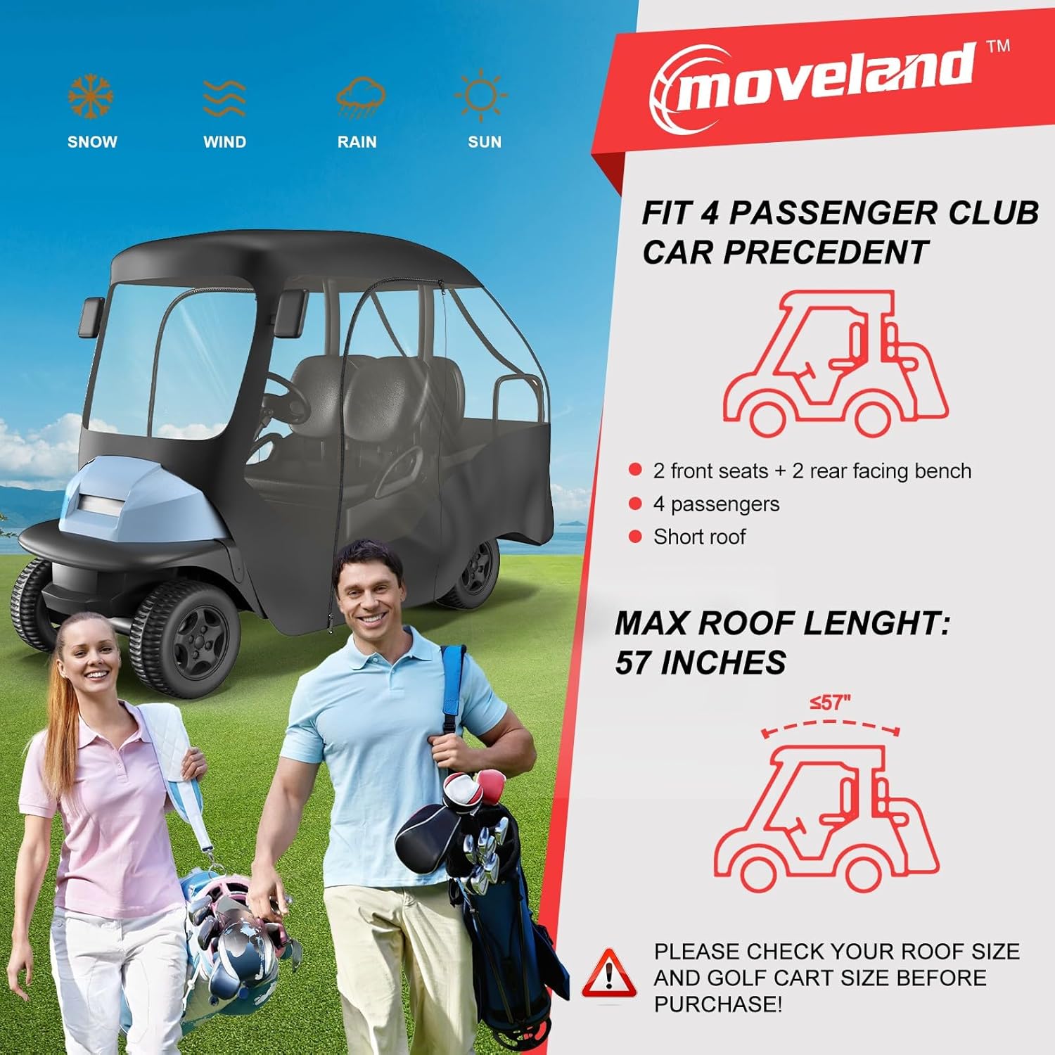 moveland 4 Passenger Golf Cart Rain Enclosure - Heavy Duty Driving Enclosure Cover for Club Car Precedent - Upgraded Stronger Door Zipper for Golf Cart Outdoor Cover(Short Roof)