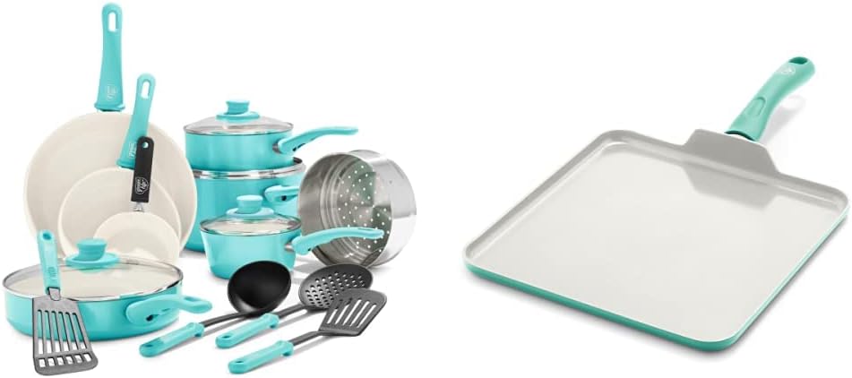 GreenLife Soft Grip Healthy Ceramic Nonstick 16 Piece Cookware Pots and Pans Set, Turquoise & Soft Grip Healthy Ceramic Nonstick, 11