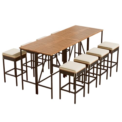 5 Piece Outdoor Patio Wicker Bar Height Table and Four Stools, Foldable Acacia Wood Tabletop, High-Dining Bistro Set, All-Weather Patio Furniture, Save Space