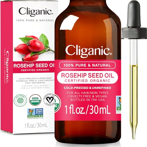 Cliganic Organic Rosehip Seed Oil for Face, 100% Pure | Natural Cold Pressed Unrefined Non-GMO | Carrier Oil for Skin, Hair & Nails