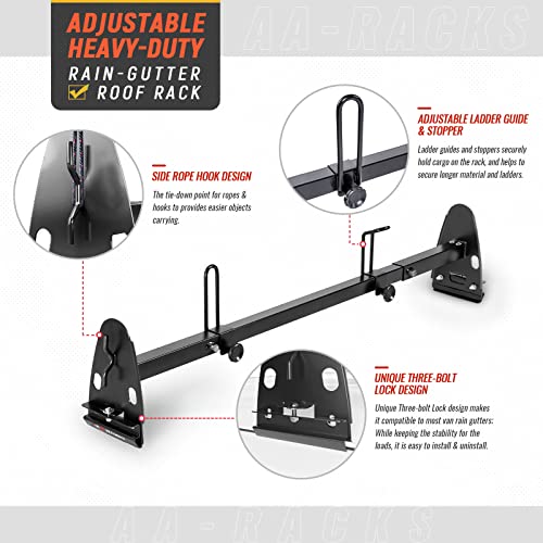 AA-Racks Model X27 Rain-Gutter Van Roof Rack Square 2 Bar Set Steel Rack with Ladder Stoppers (Black)