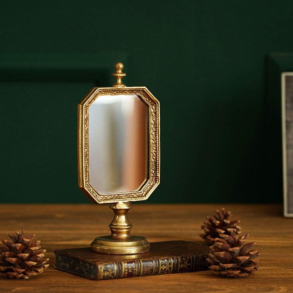 Table-style Folding Mirror Decoration-retro Handmade Old Desktop Makeup Mirror-nostalgic Golden Dressing Table Mirror Suitable for Home Decoration Any Desktop 4x9 Inches
