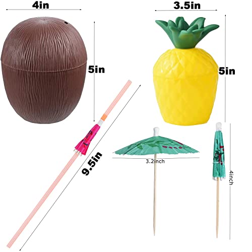 NINU 12 Pack Coconut Cups with 12 Flamingo Straws and 12 Cocktail Drinking Flamingo Picks,Tropical Hawaiian Luau Tiki and Beach Party Decorations for Kids and Adults