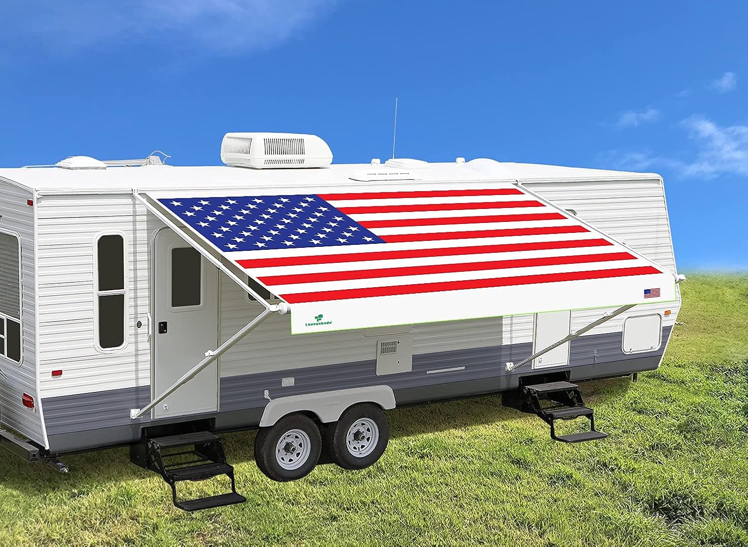 RV Awning Fabric Replacement Camper Trailer Awning Fabric Super Heavy Vinyl Coated Polyester 13'3''(Fit for 14' Awning)-USA Flag (Custom Looking)
