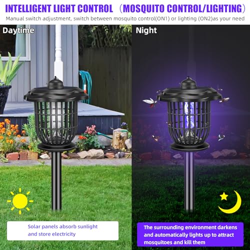 2 Pack Solar Bug Zapper Outdoor Waterproof Solar Powered & Rechargeable Mosquito Zapper Outdoor Led/UV Mosquito Killer Fly Zapper Lighting Lamp Stake Landscape Fixture for Garden Patio