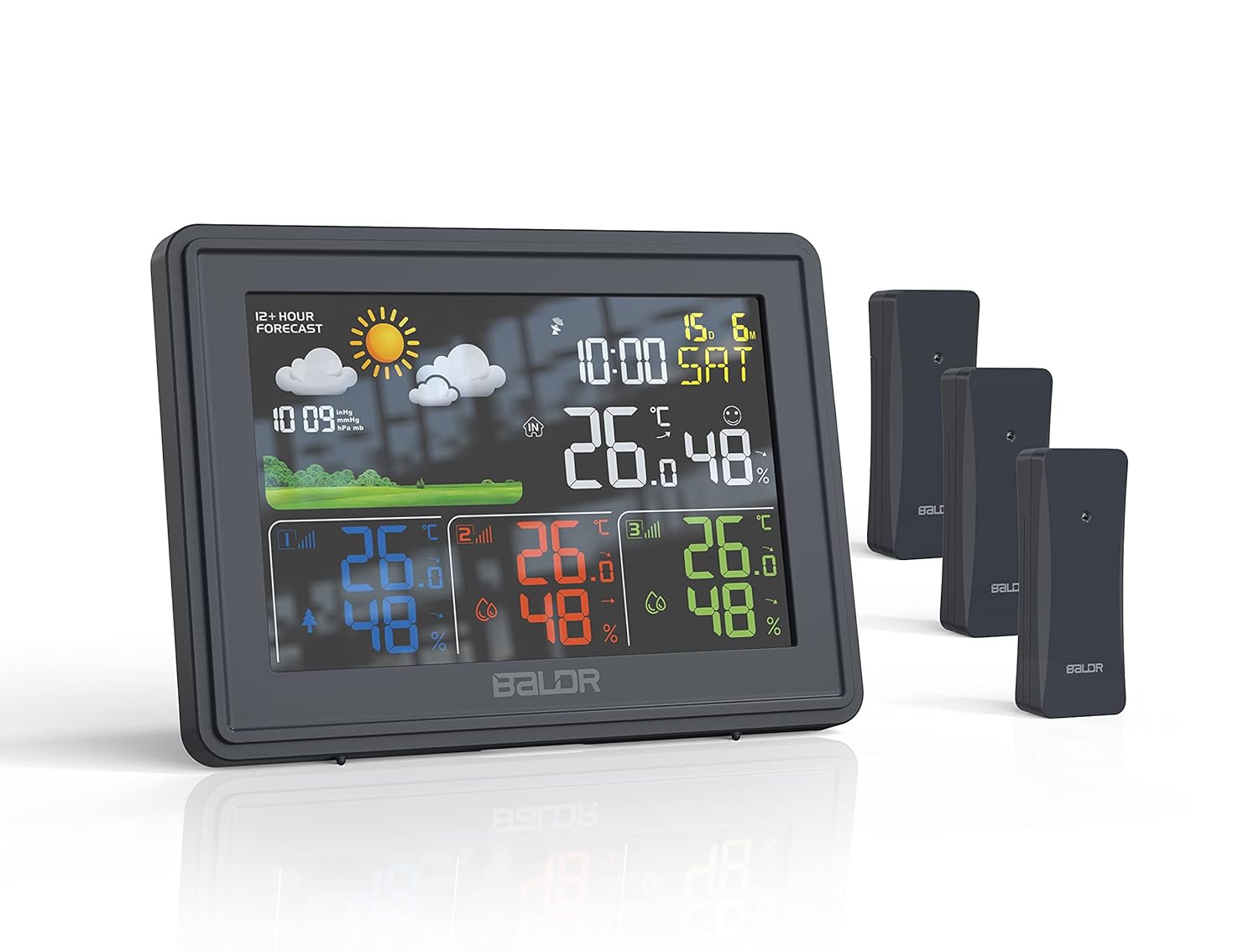 BALDR Home Weather Station & Indoor Outdoor Thermometer with 3 Wireless Remote Sensors, Atomic Alarm Clock, Backlight, Humidity Monitor, Weather Forecast & Digital Weather Station - Large LCD Display