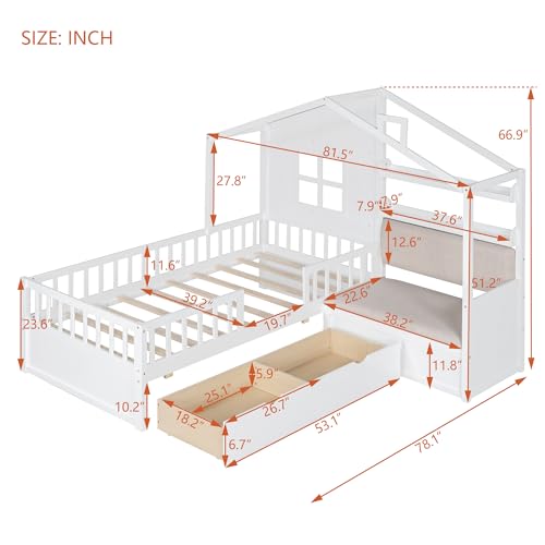 Twin Size House Platform Bed with 3 Storage Drawers, L -Shaped Double Daybed Frame for 2 Kids Teens, Roof and Fence Design, Wood Slats Support, Gray