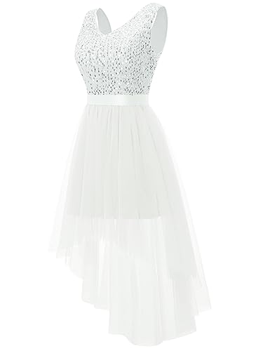 Dressystar Women's Sparkly Sequin Glitter Dress 2024 Cocktail Prom Wedding Guest Dress Hi-Lo V Neck Tulle Formal Party Dress