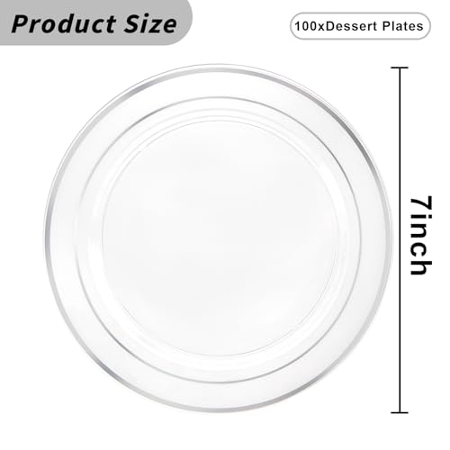 I00000 100PCS Clear Silver Plastic Plates, Clear Plates With Silver Rim 10 Inch, Silver Dinner Plates Fancy Disposable Wedding Plates Heavy Duty Plastic Plates for Wedding Birthdays Party Dinner