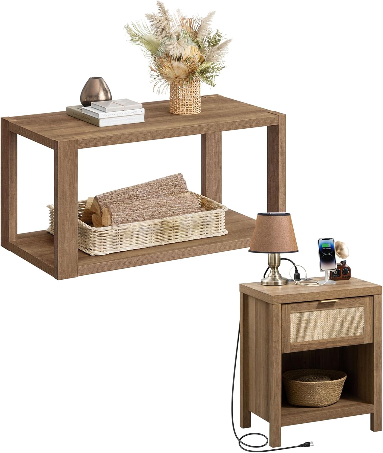 SICOTAS Rattan Nightstand and Coffee Table Set - 2 Piece Living Room Table Set Farmhouse End Table 2-Tier Center Table for Living Room, Small Space
