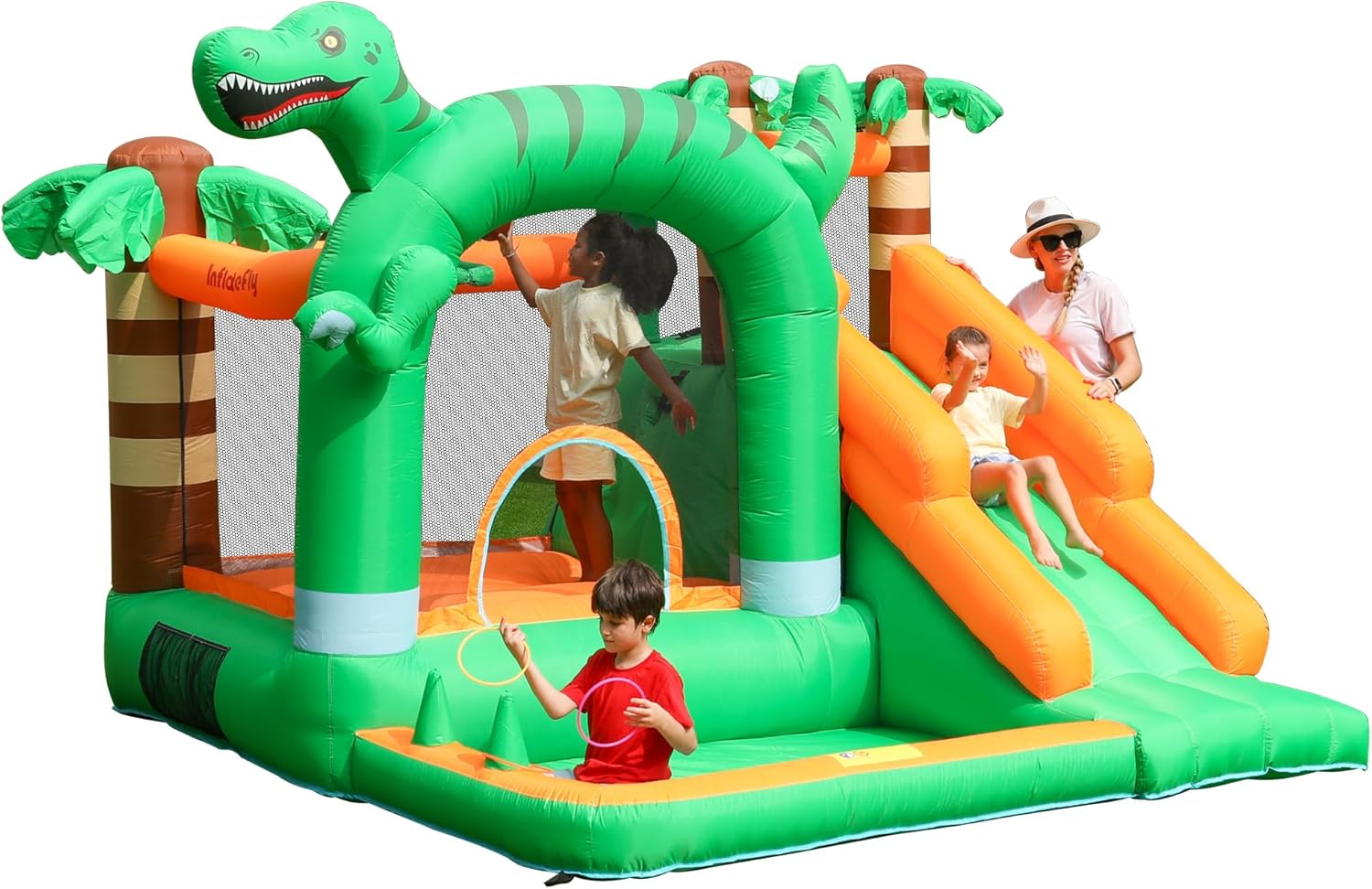 Bounce House Kids Bouncy Castle with Ball Pit Dinosaur Inflatable Bouncer with Long Slide Air Blower for Backyard