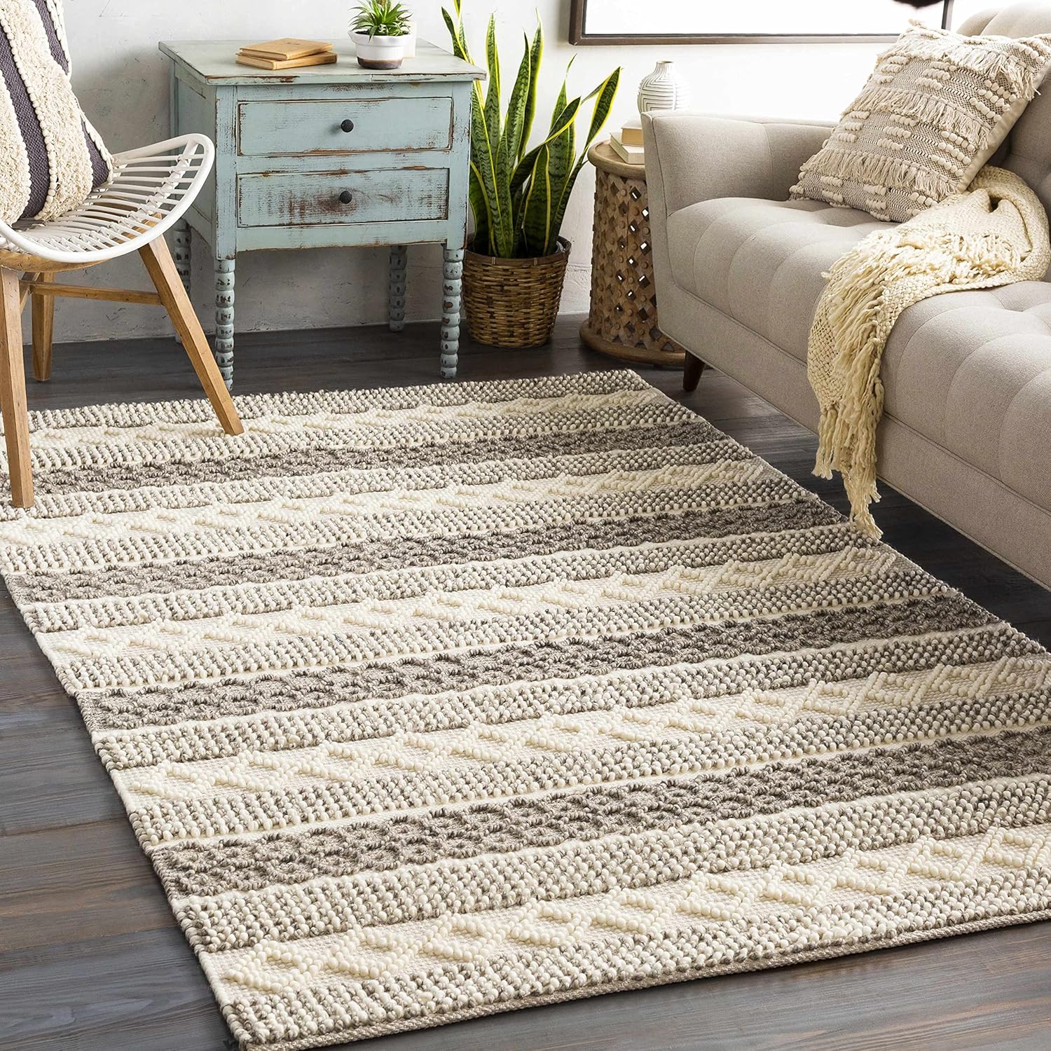 Hauteloom Valley Wool Living Room, Bedroom Area Rug - Bohemian/Global - Beige, Gray - 8' x 10'
