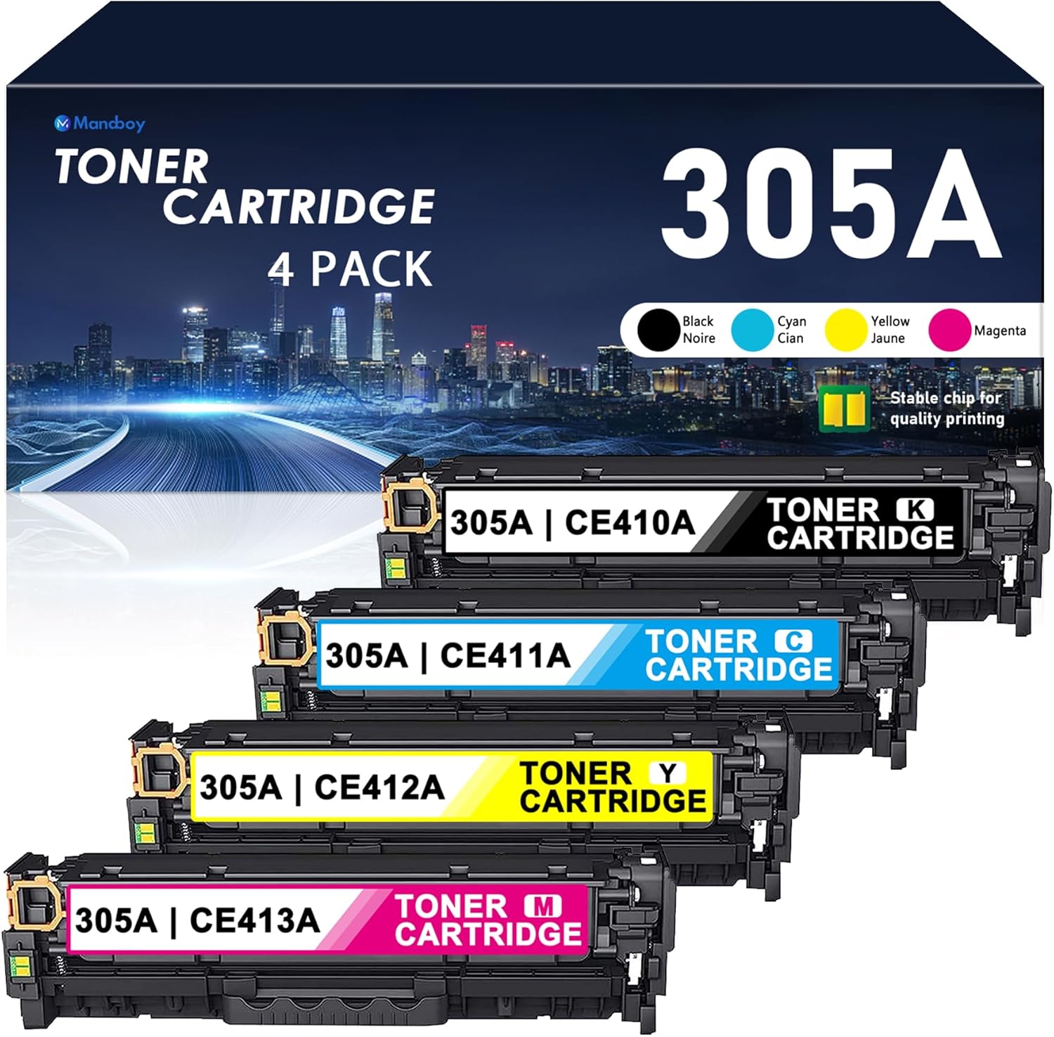 305A Toner Cartridges 4 Pack High Yield (with Chip) Compatible Replacement for HP 305A 305X for Color Laserjet Pro 400 Color M451dw M451dn M451nw MFP M475dw M475dn M375nw Printer Ink (BCMY, 4-Pack)